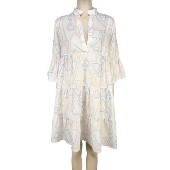 UCHUU Designer Mtl Flounce 3/4 sleeves Summer Geometric Pattern White Dress 2 - Picture 1 of 8
